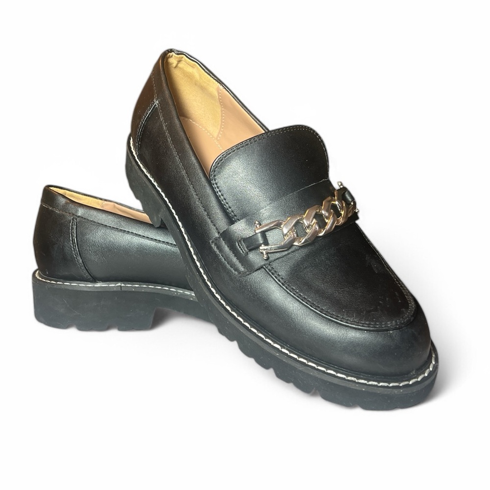 BCBG Tinaa Black Gold Chain Y2K Chunky Slip On Loafers Size 8 New‎
